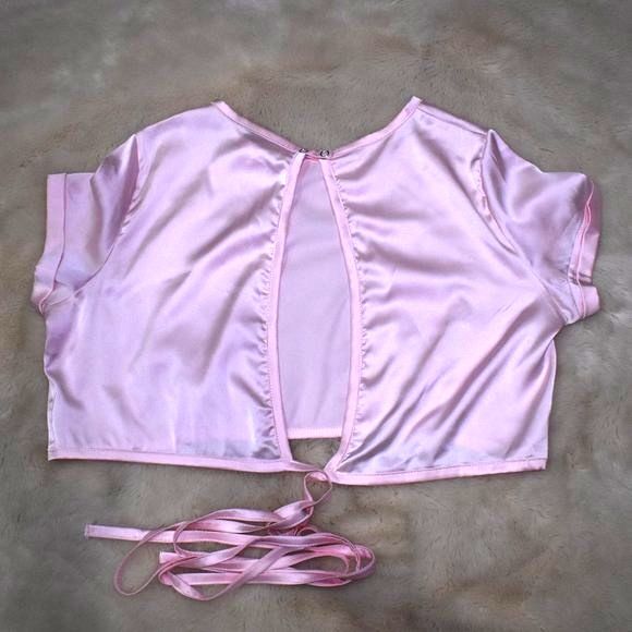 Tulum Sunrise Pink Satin Wrap Crop Top Size Large Short Sleeve Blouse - Picture 5 of 15